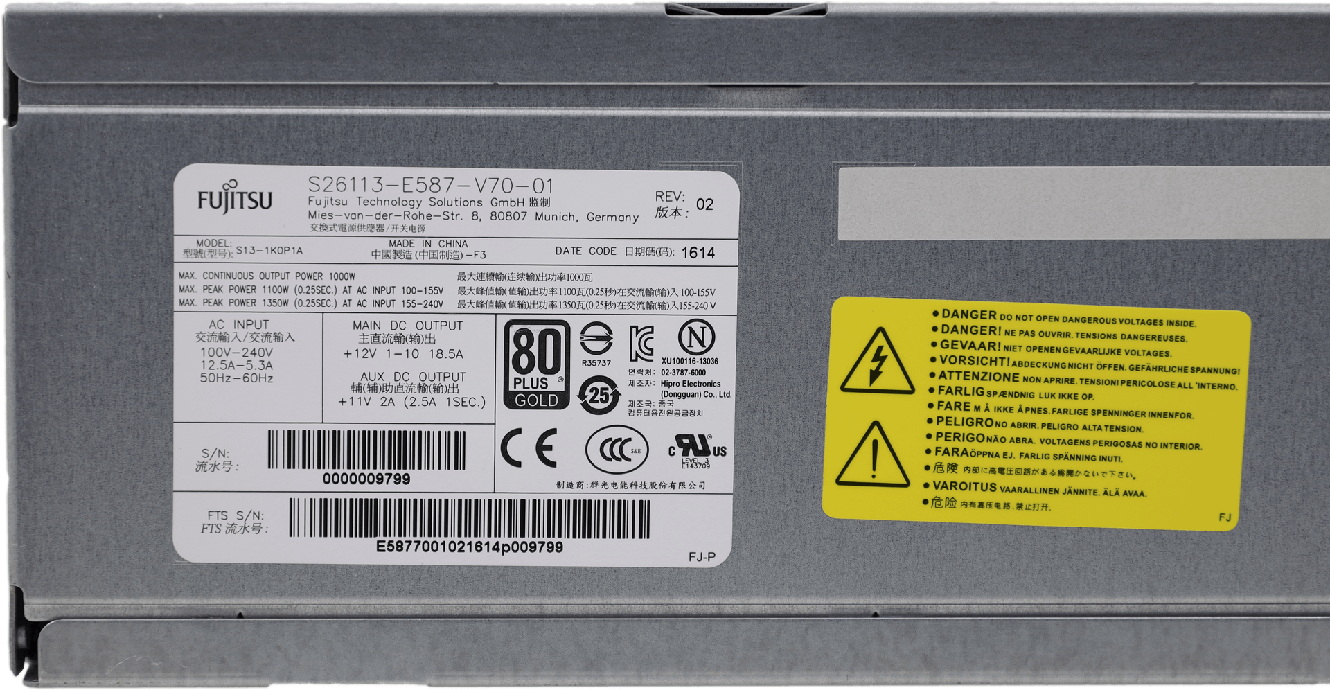 Fujitsu 1350 Watt Netzteil S13-1K0P1A A 80+ Gold PSU - S26113-E587-V70-01 | 10554 (Bild 4 von 5)