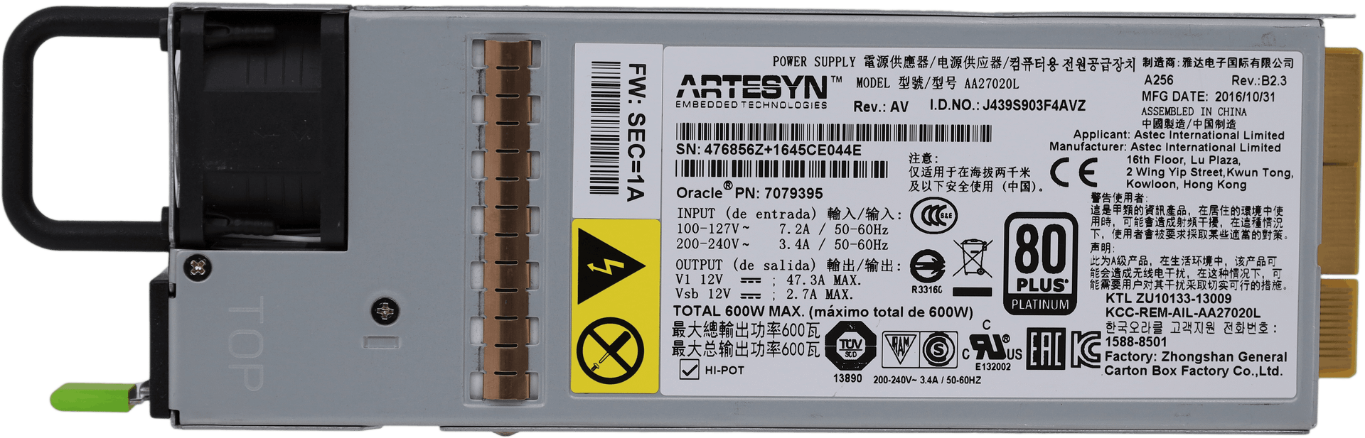 Artesyn Oracle 600W 80+ Platinum PSU / Netzteil - AA27020L - Oracle P/N: 7079395 | 10500 (image 3 of 6)