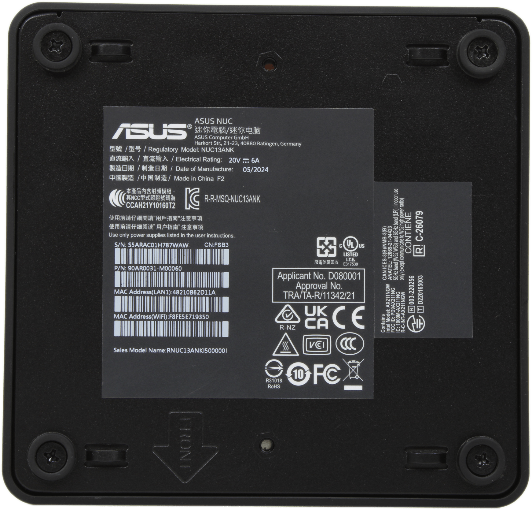 Asus NUC13ANK Mini PC - Intel i5-1340P 8GB DDR4 256GB NVMe 2x Thunderbolt 4 WiFi | 10154 — product label (image 6 of 6)