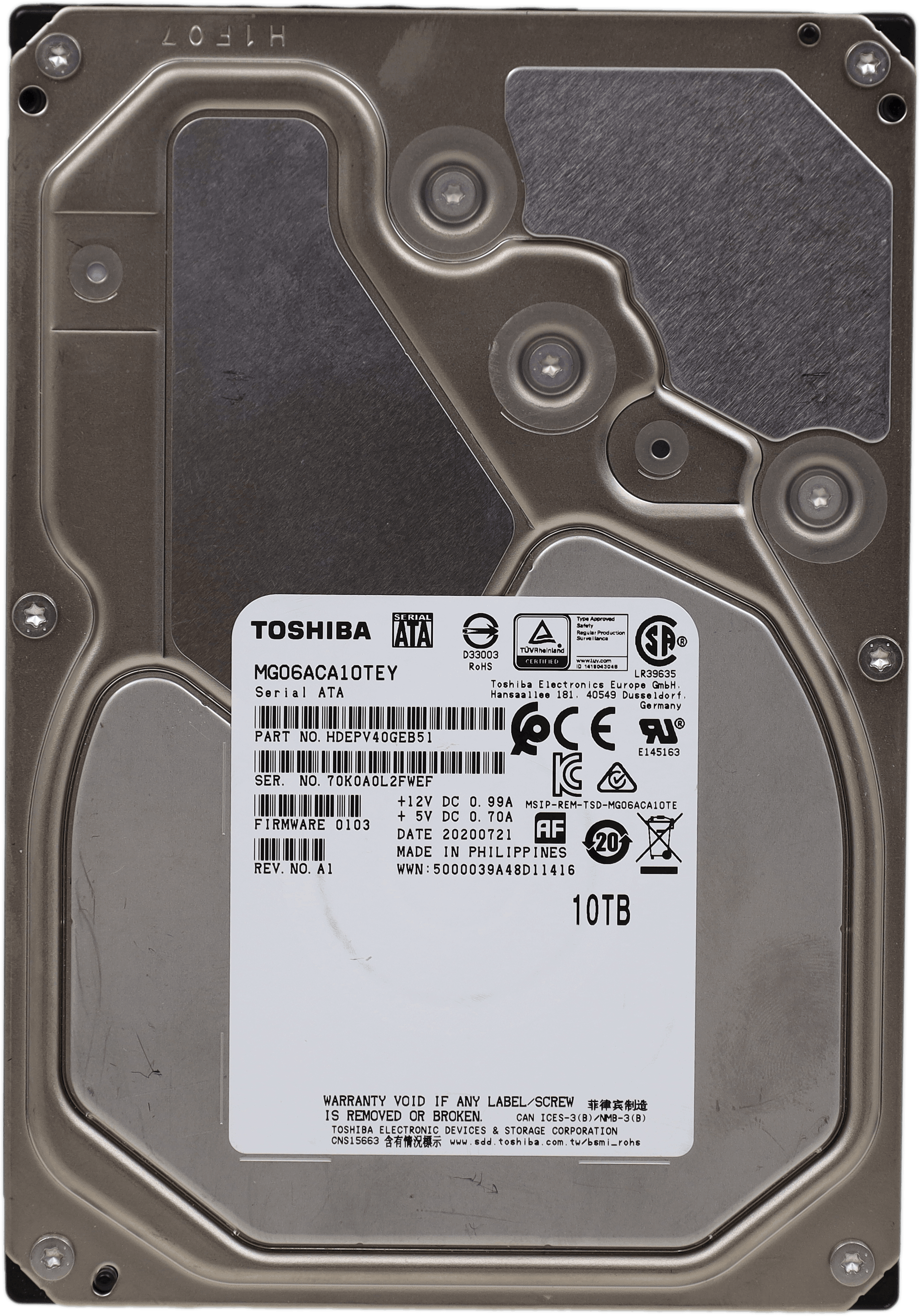 Toshiba 10TB 7,2K SATA 6Gbps 512e SIE 256 MiB Buffer - MG06ACA10TEY HDEPV40GEB51 | 10632 (Bild 2 von 3)
