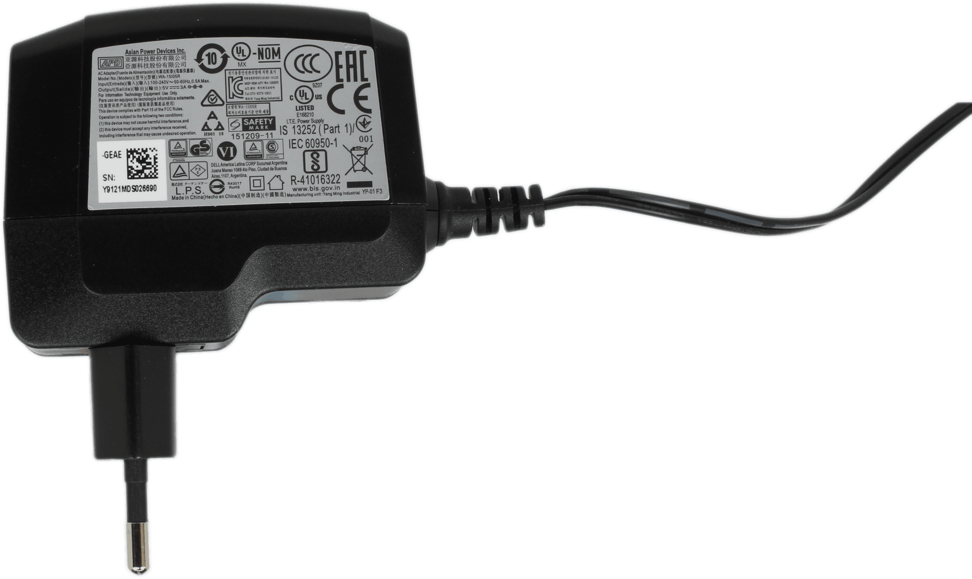 Dell WA15I05R 15W AC Adapter für Dell Wyse 3040 ThinClient 5V 3A Dell P/N 08KV5R | 10262 — Draufsicht (Bild 3 von 4)