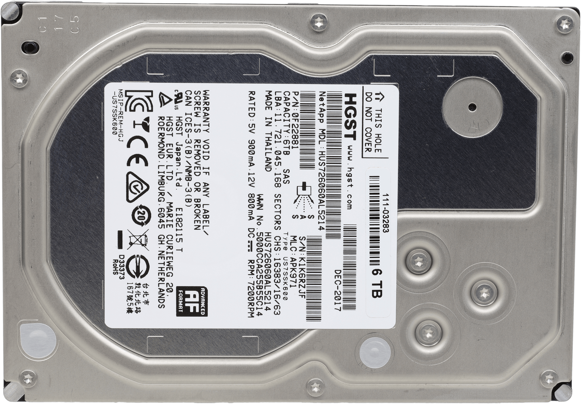 HGST 6TB 7,2K SAS 12Gbps Server HDD Festplatte - HUS726060AL5214 0F22881 | 11884 — Draufsicht (Bild 2 von 5)