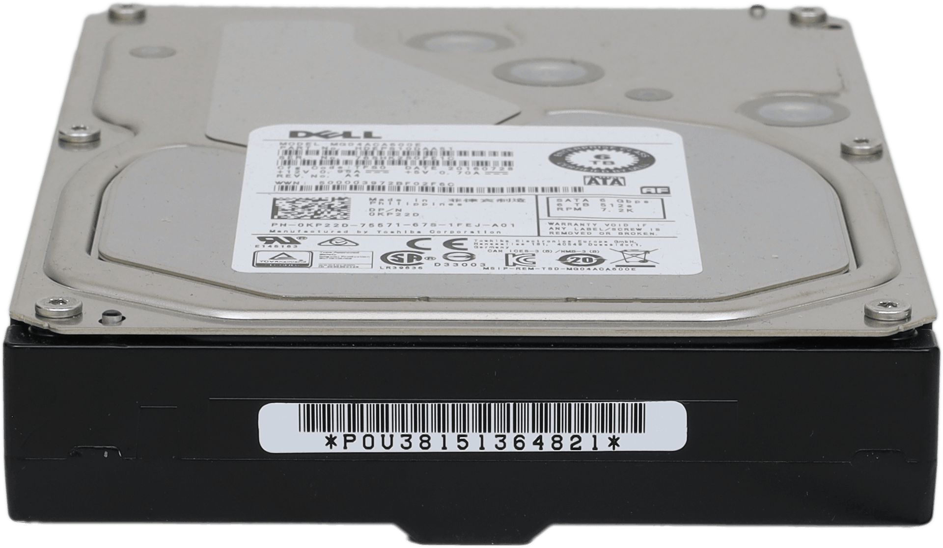 Dell Toshiba 6TB 7,2K SATA 6Gbps 128MB Cache Server HDD Festplatte - P/N 0KP22D | 10341 — Vorderansicht (Bild 4 von 5)