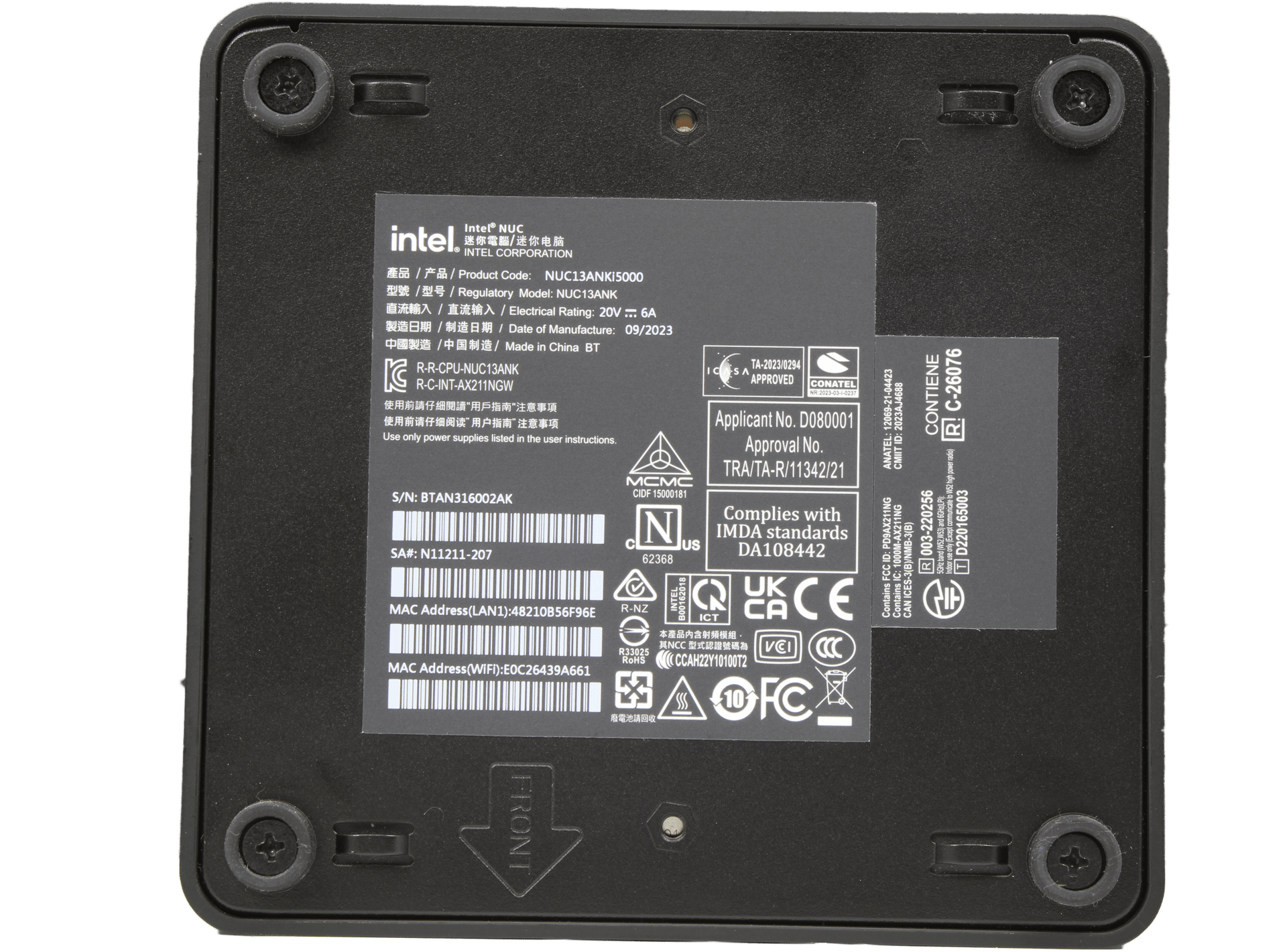 Intel NUC 13ANKi5000 Mini PC Intel i5-1340P 8GB RAM 256GB M.2 Thunderbolt 4 WiFi | 10147 — product label (image 6 of 6)