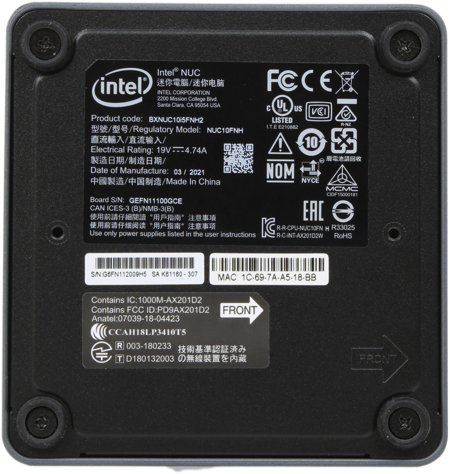 Intel NUC 10FNH Mini PC Intel i5-10210U 8GB DDR4 256GB NVMe - WiFi Thunderbolt 3 | 10152 — Produktlabel (Bild 6 von 6)