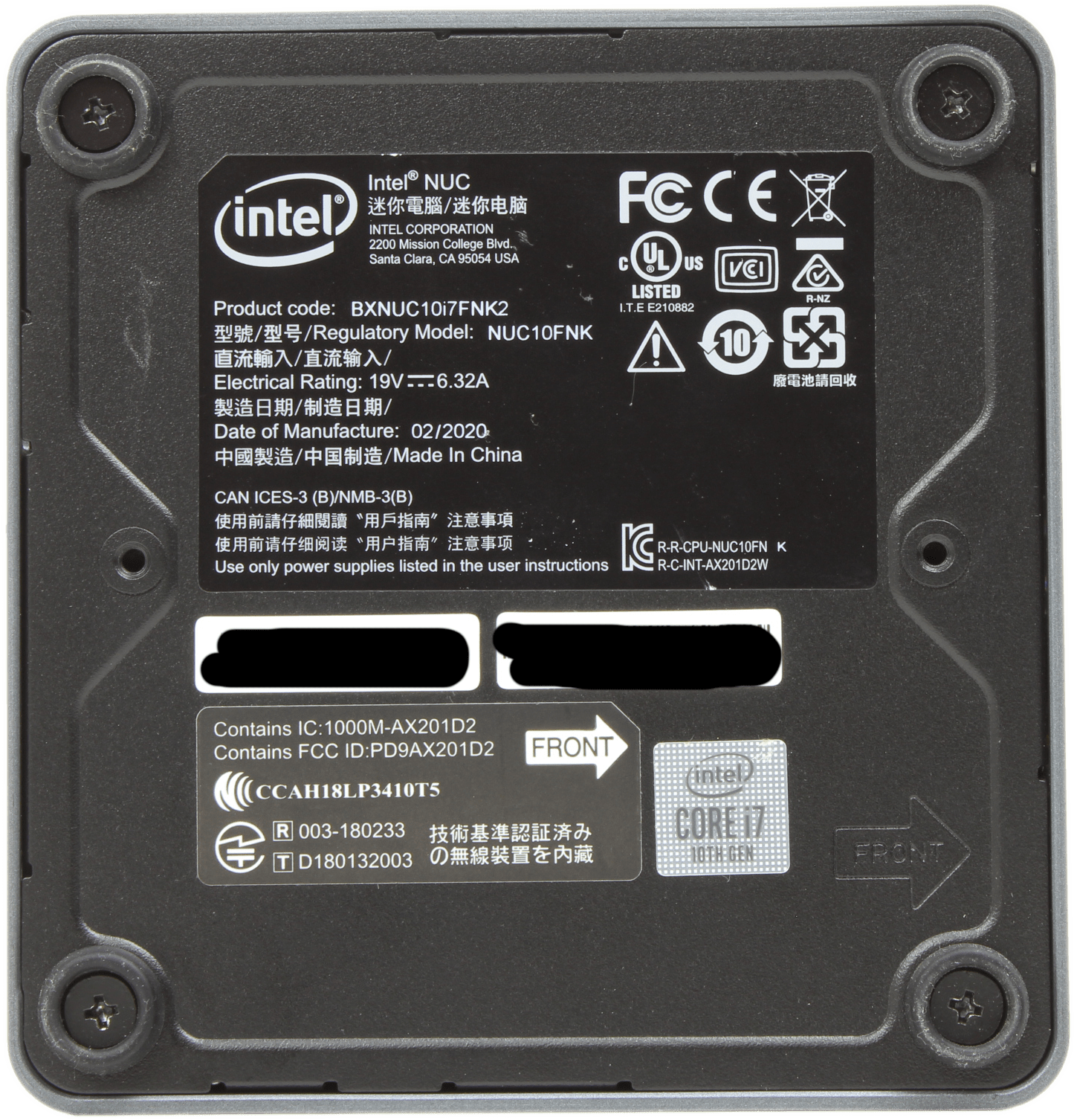 Intel NUC 10FNK Mini PC Intel i7-10710U 8GB DDR4 256GB NVMe - WiFi Thunderbolt 3 | 10149 — Produktlabel (Bild 5 von 5)