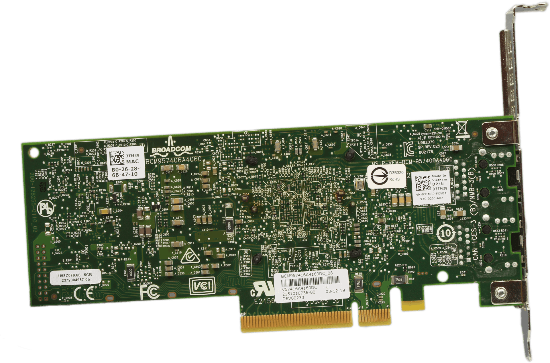Dell Broadcom 57416 2-Port 10GbE RJ-45 Netzwerkkarte - PCIe3 x8 FP - DP/N 03TM39 | 10256 — Unterseite (Bild 6 von 6)