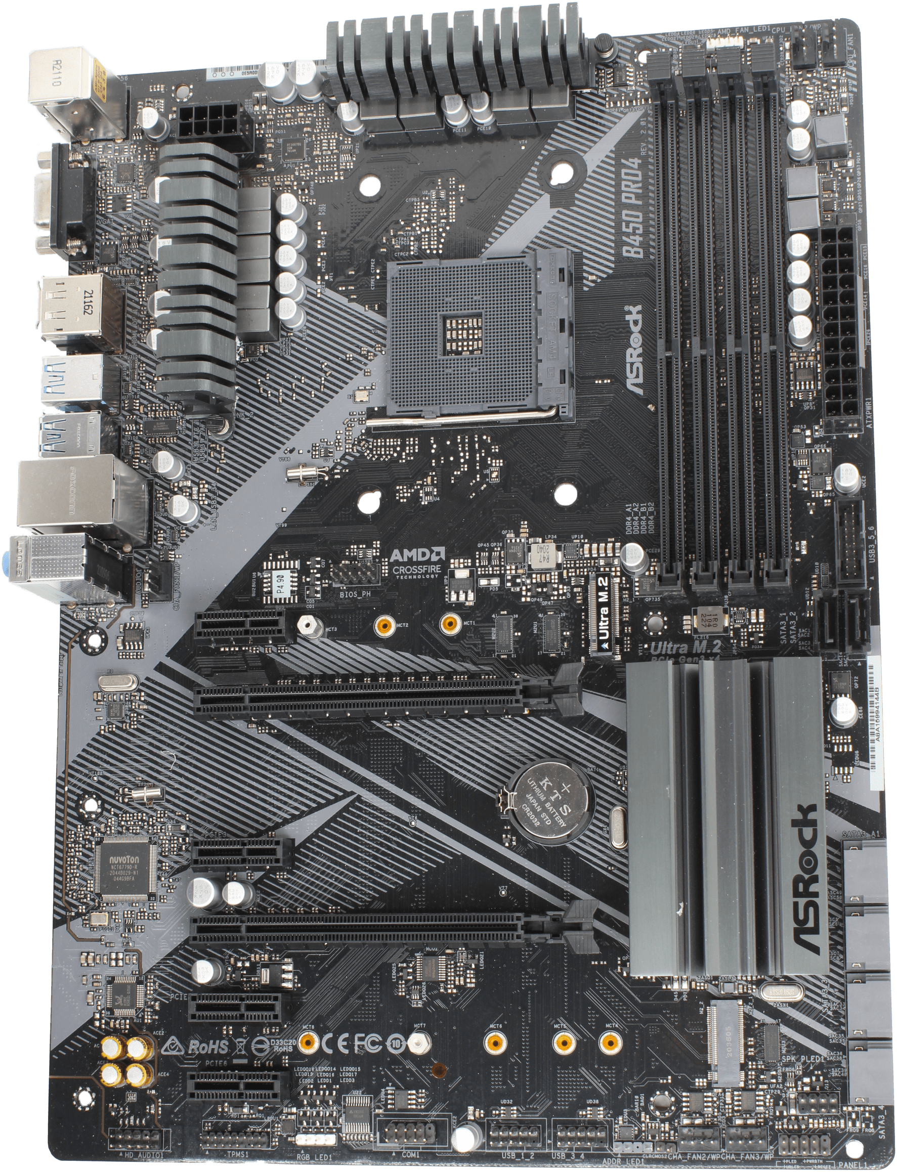 ASRock B450 Pro4 Rev.2 ATX Mainboard - Sockel AM4 4x DDR4 PCIe3x16 + I/O Shield | 10132 — Draufsicht (Bild 4 von 6)