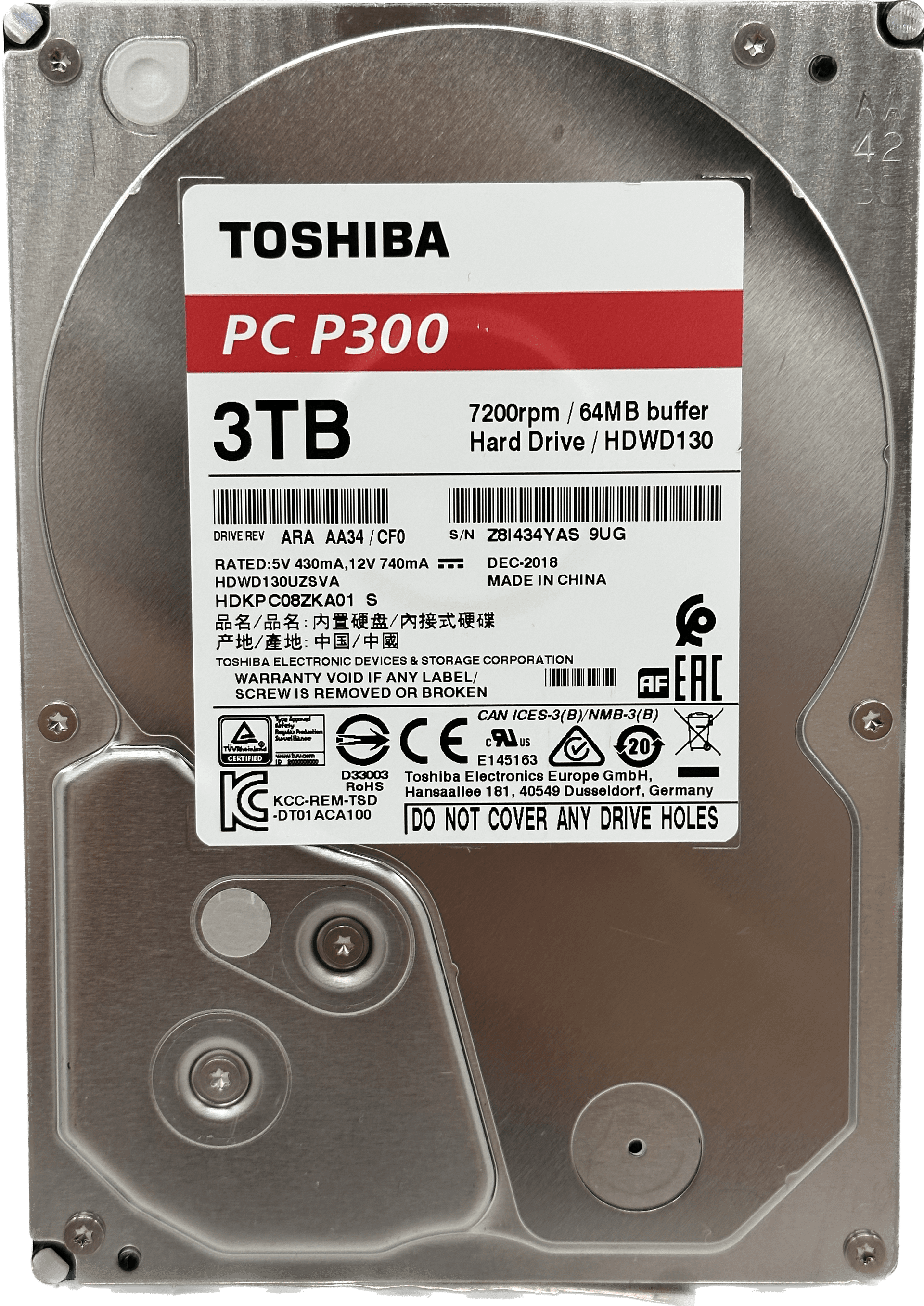 Toshiba P300 SATA III PC Festplatte HDD | 3TB 7200RPM 6 Gb/s 3,5" 64MB | HDWD130 RED | 528 (Bild 2 von 6)