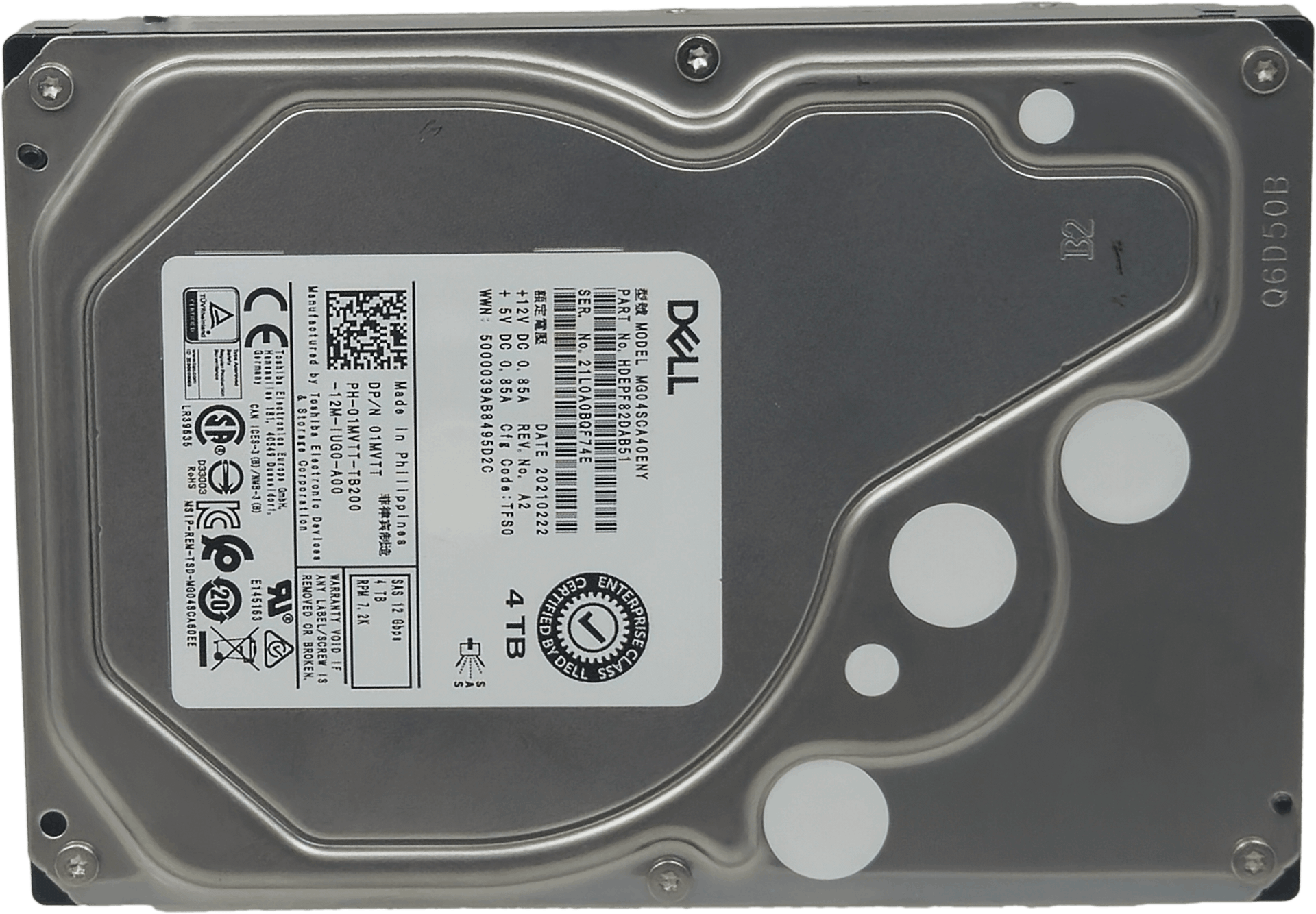 Dell Toshiba 4TB 7,2K SAS 12Gbps 128MB Cache Server HDD Festplatte - P/N 01MVTT | 10340 — Draufsicht (Bild 3 von 6)