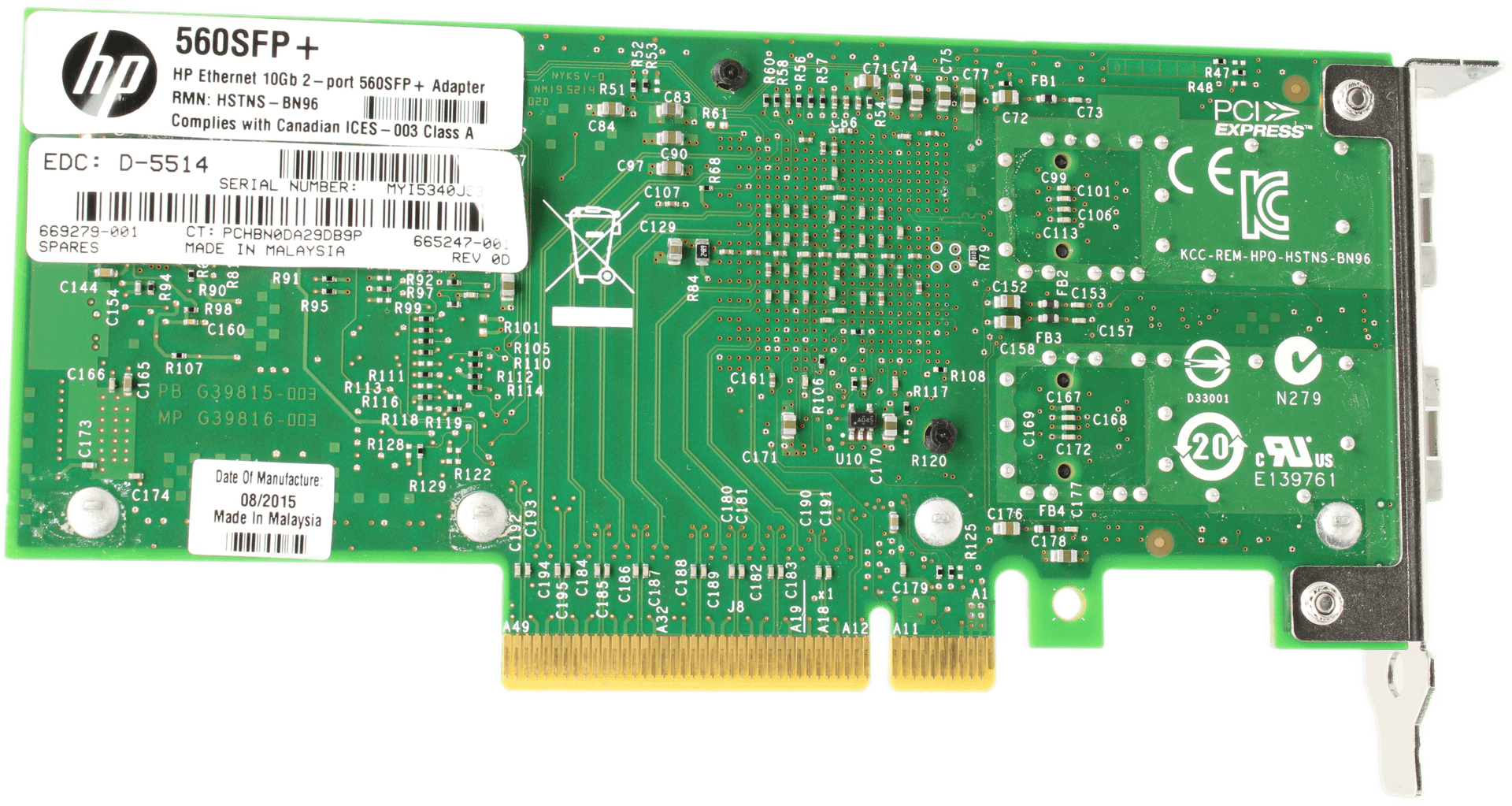 HP 560SFP+ Dual Port 10Gb SFP+ Netzwerkadapter PCIe3.0 x8 LP - 669279-001 | 10062 — Unterseite (Bild 5 von 6)