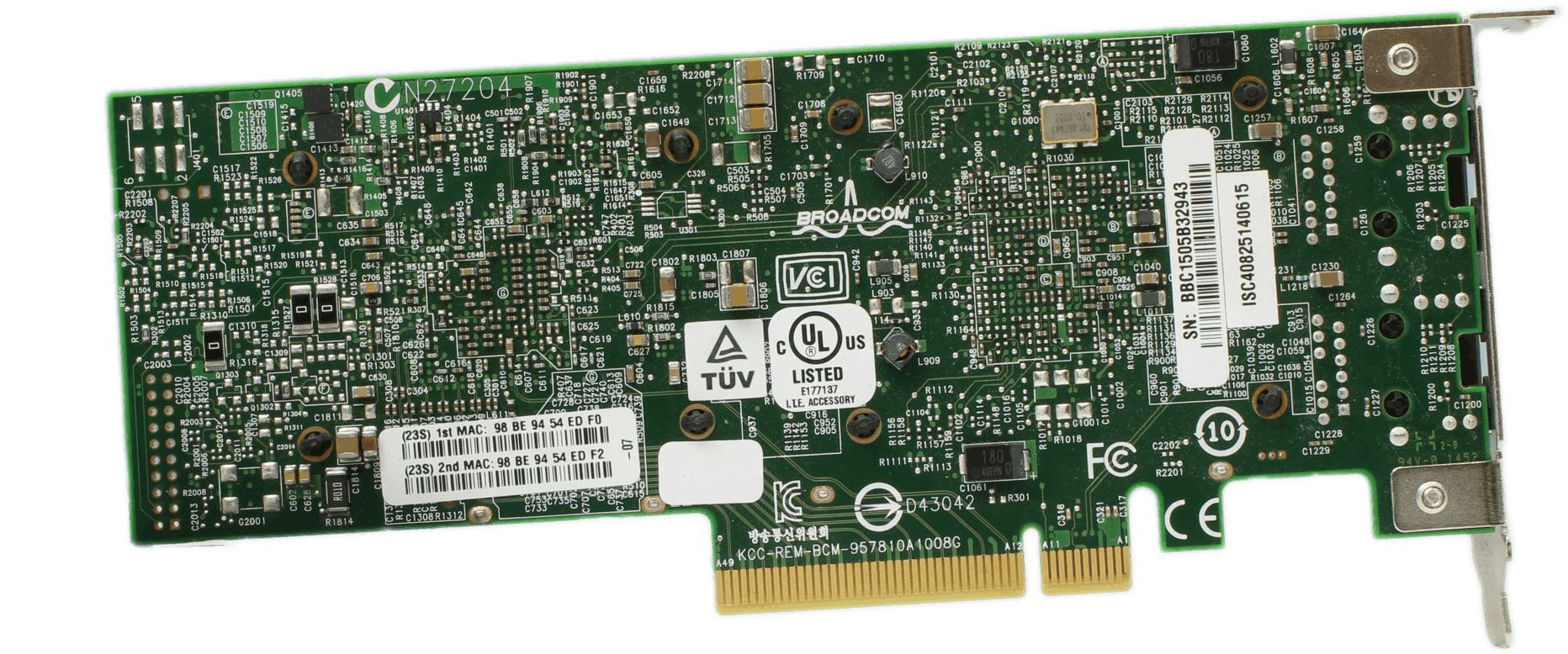 IBM Dual Port EN0X FC Server Adapter - 10Gb/s BaseT RJ-45 PCIe2 x8 LP - 00E2718 | 10257 — bottom view (image 5 of 6)
